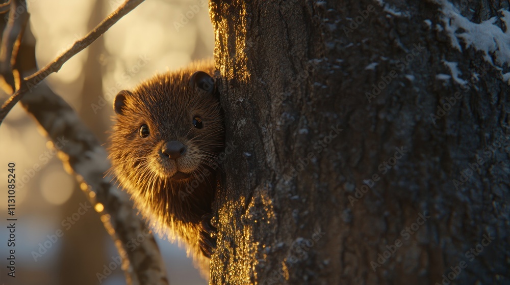 Poster a small animal peeking from behind a tree, illuminated by warm sunlight.