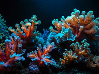 Obraz premium neon glowing corals underwater reef colorful deep sea ocean