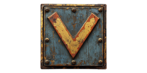 Steampunk metal letter v with industrial design isolated on transparent background