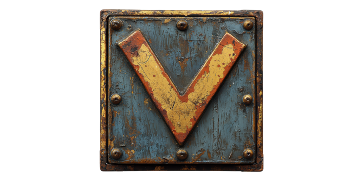 Steampunk metal letter v with industrial design isolated on transparent background