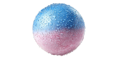 Blue and pink sphere covered in water droplets isolated on transparent background