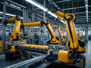 industrial technology workshop at zaphod factory production of technical devices with robots as background