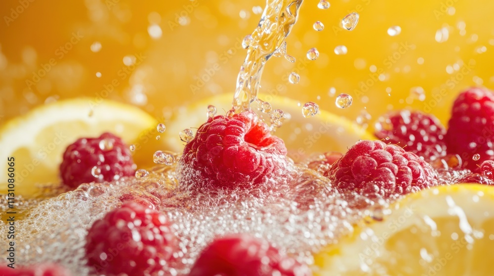 Poster Fresh raspberries and lemon slices in sparkling water create a refreshing beverage scene.
