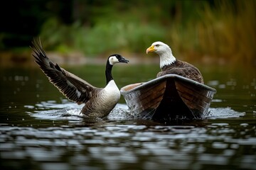 canada goose and bald eagle in discussions on the water