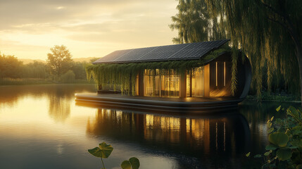 Obraz premium Futuristic eco-friendly home floating on a serene lake, solar panels embedded in a reflective glass roof, lush green vines hanging down, captured at sunset with golden lighting