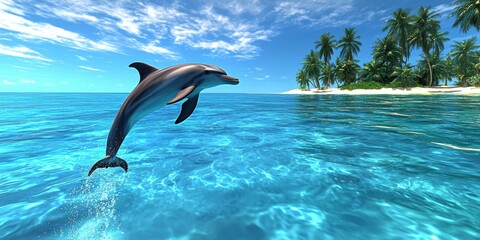 A dolphin leaps gracefully from the vibrant blue ocean, surrounded by tropical palm trees under a clear sky.