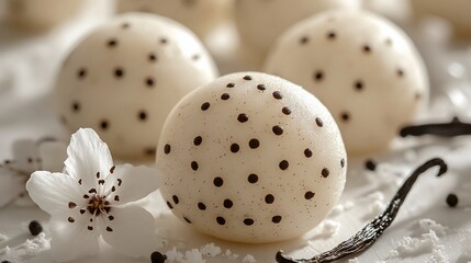 Fototapeta premium Close-up of three creamy white chocolate spheres decorated with dark chocolate dots, accompanied by vanilla beans and delicate white flowers.