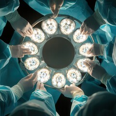 Surgical team performing complex operation hospital surgery room medical procedure professional environment overhead view healthcare innovations