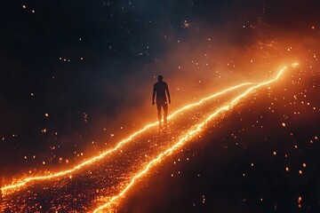 Fototapeta premium Silhouette of a Person Walking on a Glowing Pathway Surrounded by Fiery Sparks