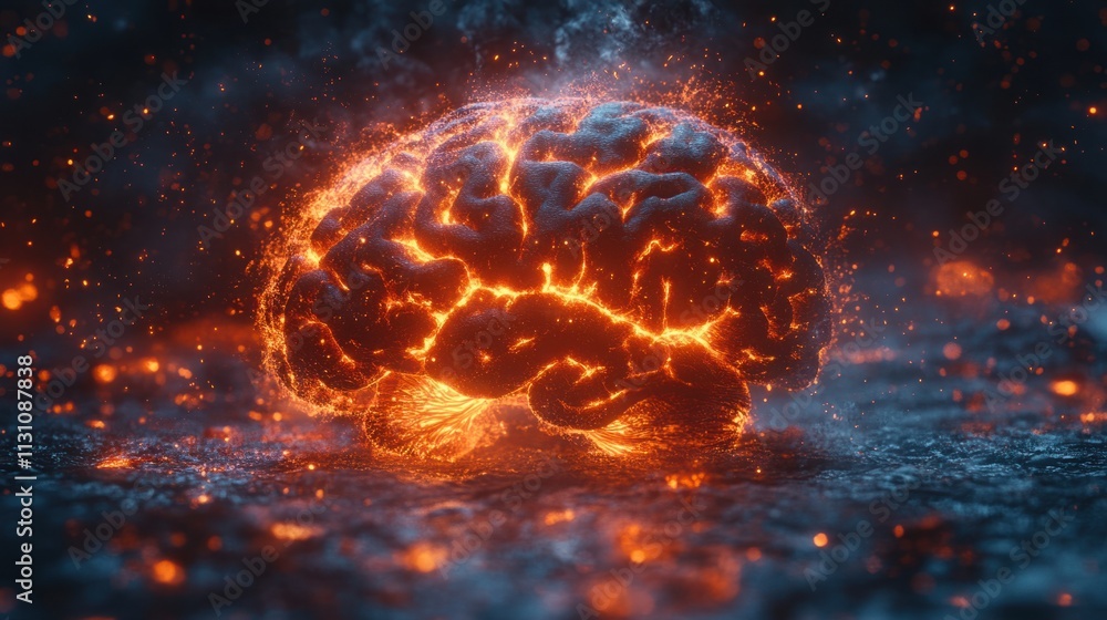 Poster explosive brain visualization digital art abstract concept dark environment close-up view neurology 