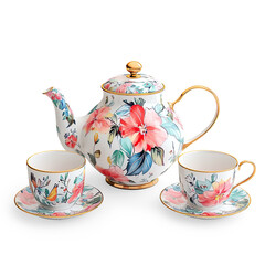 Floral Teapot and Cups Set with Vibrant Design on a Transparent Background