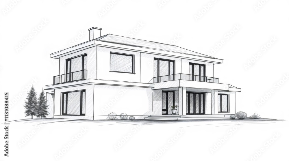 Poster modern home sketch: a minimalist architectural drawing of a two-story house with a balcony, showcasi