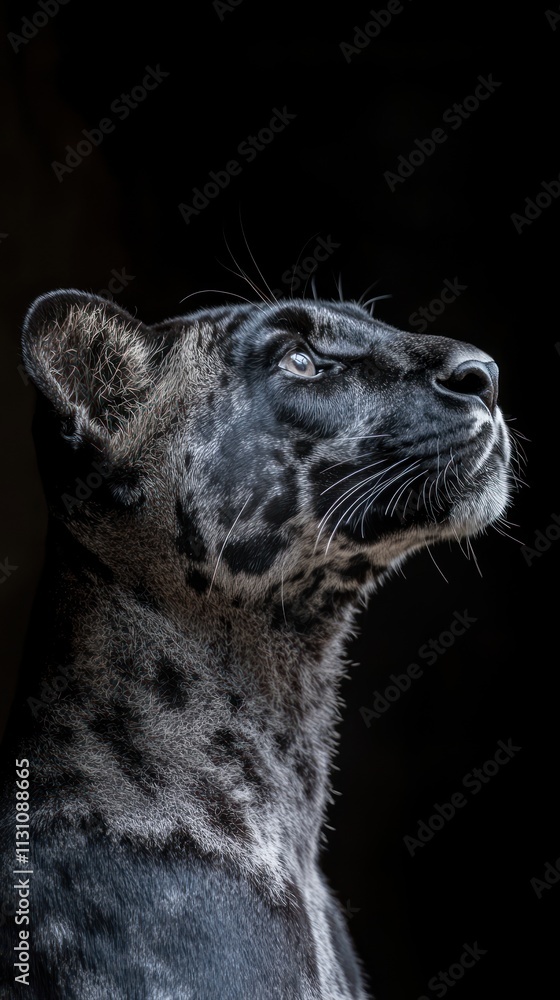 Poster a close-up profile of a leopard against a dark background, showcasing its striking features.