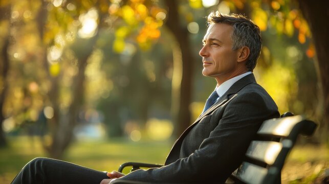 Thoughtful Businessman Sitting on a Park Bench Reflecting on Life - Powered by Adobe