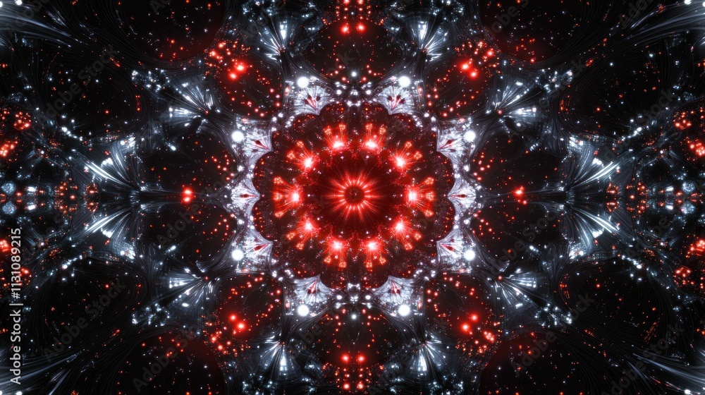 Aufkleber a vibrant, symmetrical fractal design with red and silver elements creating a mesmerizing pattern.