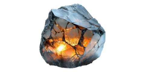 Glowing rock crystal with illuminated center isolated on transparent background