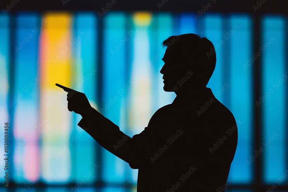 Poster a man is pointing to something on a screen