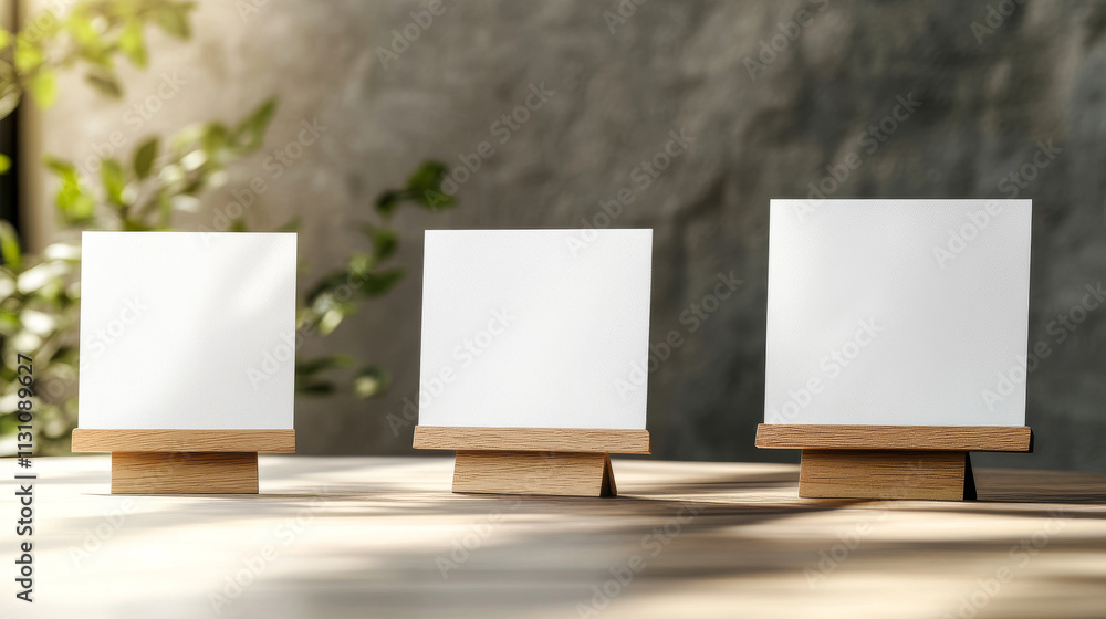 Poster mockup of menu card in table holder. wooden stand for display paper banner or flyer. 3d blank white 
