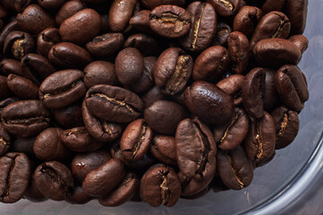 Fototapeta premium Close-up of coffee beans in a plastic container.
