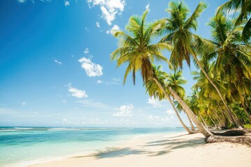 Obraz premium Tropical beach with golden sand, turquoise ocean waves, and tall palm trees under a vibrant blue sky with white clouds