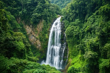 Fototapeta premium Lush green rainforest with a cascading waterfall surrounded by rocks and vibrant foliage in a serene jungle setting