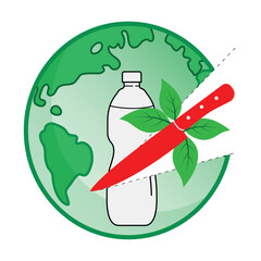 Eco-inspired artwork highlighting the urgency to cut plastic production for a sustainable future. Features a globe, plastic bottle, leaves, and a knife symbolizing action against pollution.
