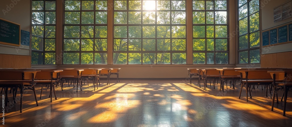 Poster sunlit classroom with empty desks and large windows overlooking trees.