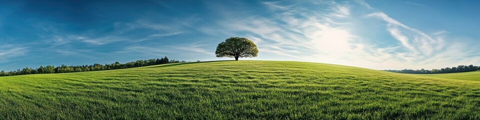 Obraz premium Green grassy field under a vibrant blue sky with fluffy white clouds in a peaceful rural landscape