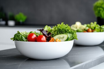 kitchen counter presentation, fresh salads beautifully displayed on a spacious kitchen counter, bathed in natural light, creating a welcoming setting for food lovers