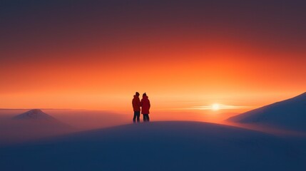 Fototapeta premium Romantic Couple Watching Beautiful Sunset Over Snowy Mountains at Dusk