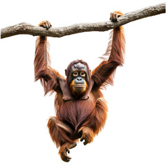 Orangutan ape hanging on a vine in the trees isolated on a transparent background