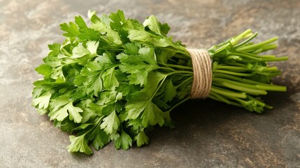 Fresh parsley bunch tied with twine on a marble surface.