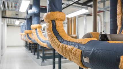 Close-up of insulated industrial pipes in a factory setting, showcasing vibrant orange and blue insulation material.