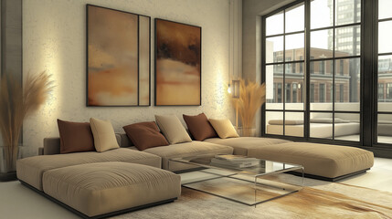 Obraz premium urban living room in mocha mousse theme.