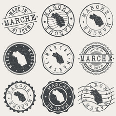 Obraz premium Marche, Italy Set of Stamps. Country Travel Marks. Made In Product. Design Seals Old Style Insignia.