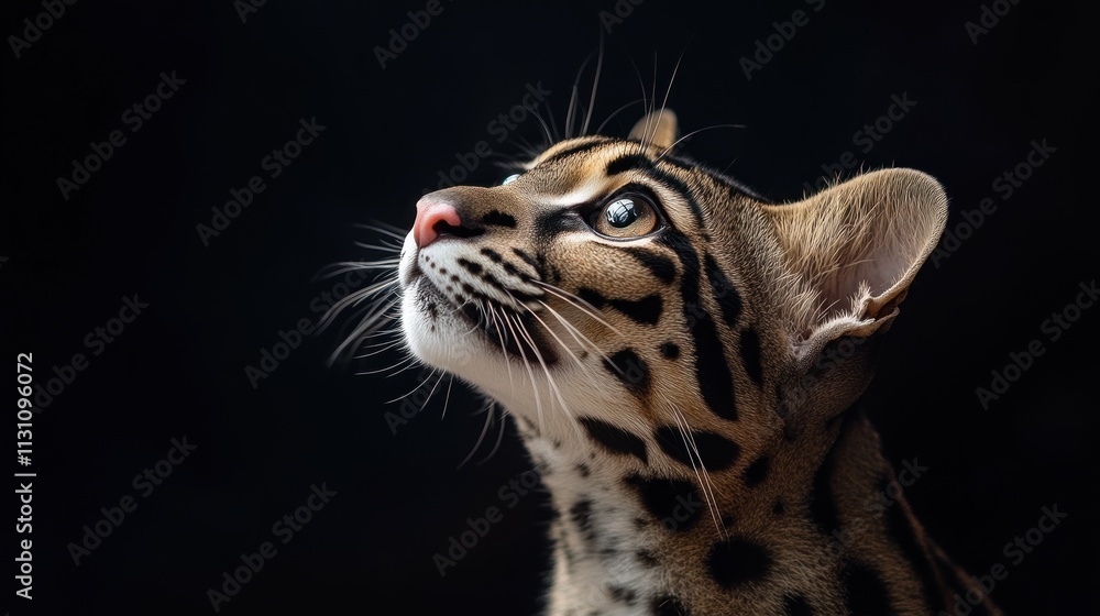 Poster a close-up of a leopard's face, showcasing its striking features against a dark background.
