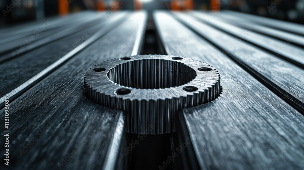 Poster material science metals strength. close-up of a metallic component on a textured wooden surface in a
