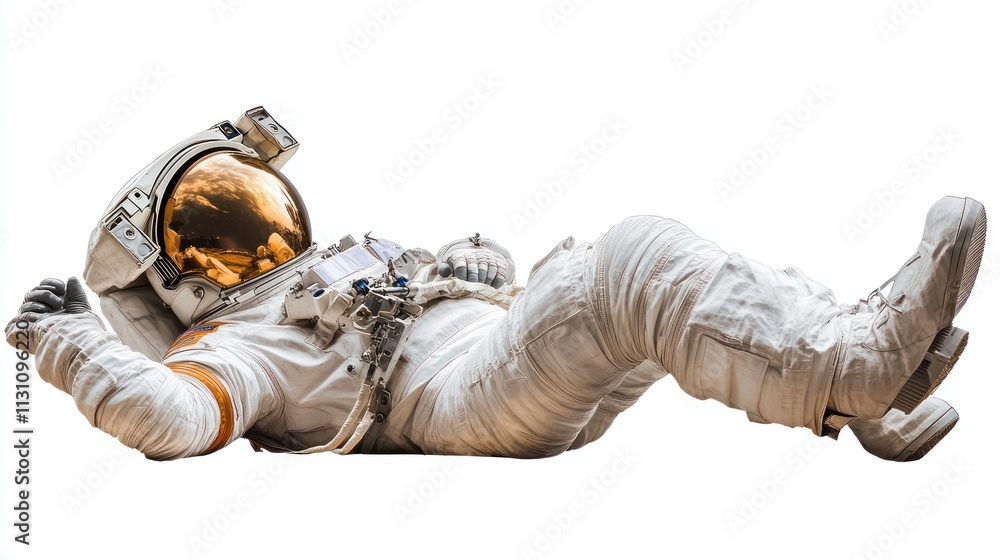 Poster An astronaut lying down in a space suit, reflecting a celestial scene in the helmet.