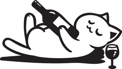 Fototapeta premium Cute cartoon funny silhouette lying on back drunk cat with bottle and glass of wine