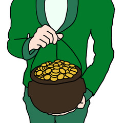 A pot of gold coins for St. Patrick's Day. A hand-drawn drawing