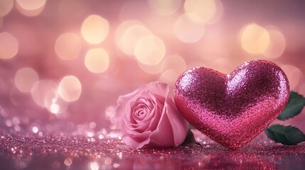 Obraz premium Sparkling Pink Heart and Rose on Glittery Background for Romantic Themes and Celebrations
