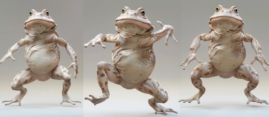 Three whimsical cartoon like frogs standing together in a charming imaginative digital The amphibian trio are depicted with expressive anthropomorphic personalities creating a playful