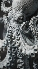 Captivating Texture of Octopus Tentacle in Striking Monochrome Underwater Scene  Close up macro shot of invertebrate marine creature s intricate sucker covered appendage against a dark