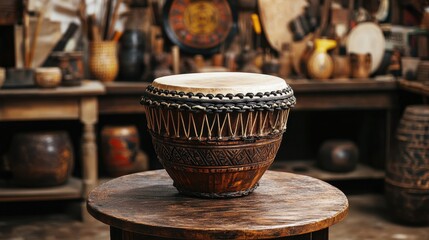 Fototapeta premium Ancient Wooden Drum in a Traditional Workshop