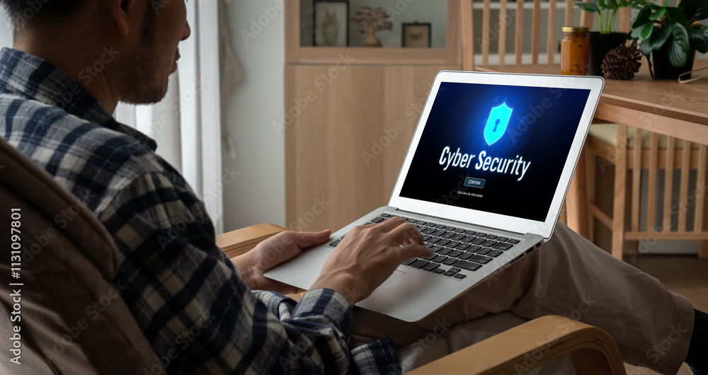 Poster cyber security system on computer screen protect private information snugly from hacker and cyber at