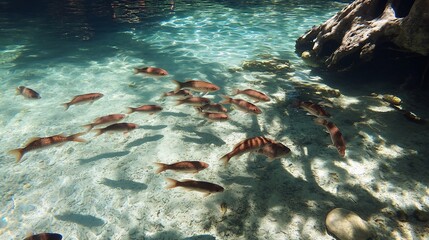 Underwater Scene of Fish Swimming in a Crystal-Clear Spring