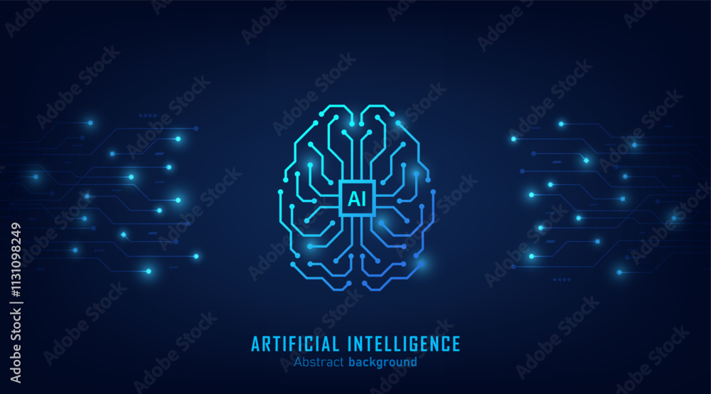 Poster Concept of Artificial intelligence and automation technology. AI electronic brain futuristic style on a dark blue background. Abstract background for website and banner. Vector illustration.