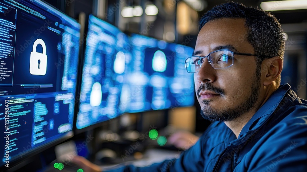 Poster close-up of cybersecurity alert system with virtual padlock icon monitored by it staff for real-time