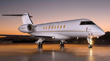 Obraz premium Luxurious private jet on tarmac at sunset.