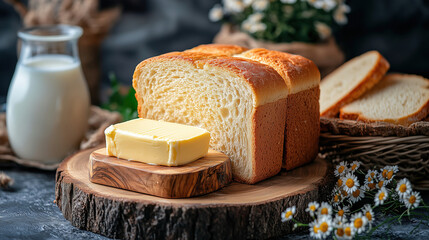 Freshly baked bread with butter served beside milk and flowers on a rustic wooden table. Generative AI